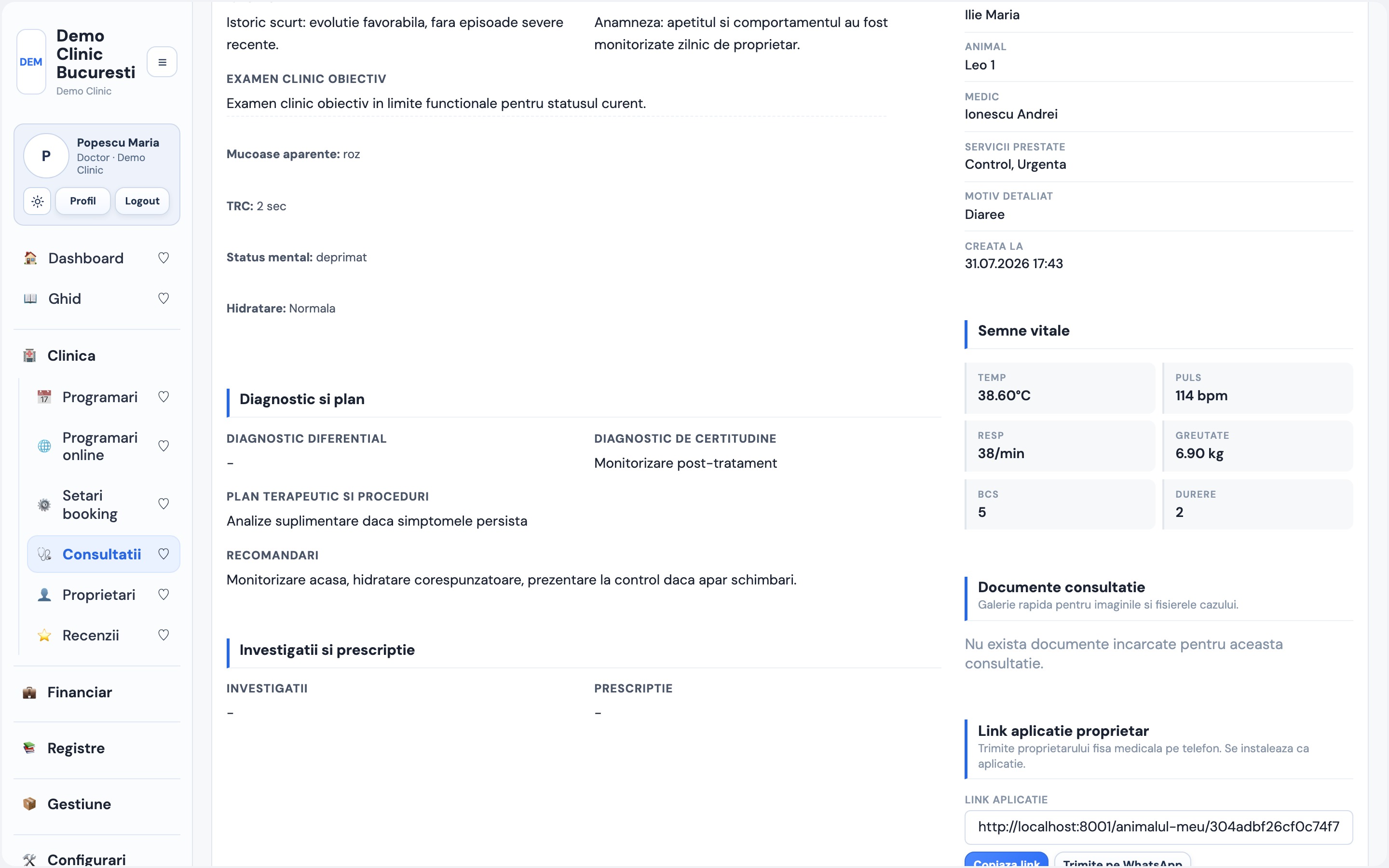 Fișa consultației — diagnostic, plan terapeutic, recomandări și prescripție