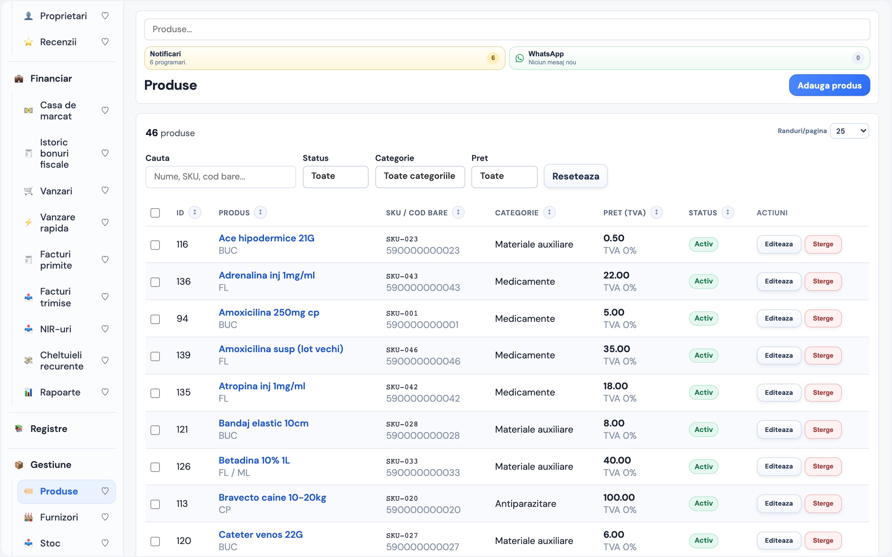 Produse — catalog cu SKU, categorie, preț, TVA și status